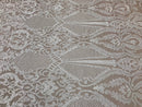 Sequins White Lace Fabric, DAMASK Design Embroidered on Nude Mesh 4 way Stretch Sequin By The Yard -Prom-Gown ( Choose The Size )