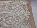 Sequins White Lace Fabric, DAMASK Design Embroidered on Nude Mesh 4 way Stretch Sequin By The Yard -Prom-Gown ( Choose The Size )