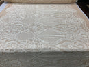 Sequins White Lace Fabric, DAMASK Design Embroidered on Nude Mesh 4 way Stretch Sequin By The Yard -Prom-Gown ( Choose The Size )