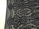 Sequins Navy Lace Fabric, DAMASK Design Embroidered on Mesh 4 way Stretch Sequin By The Yard -Prom-Gown ( Choose The Size )