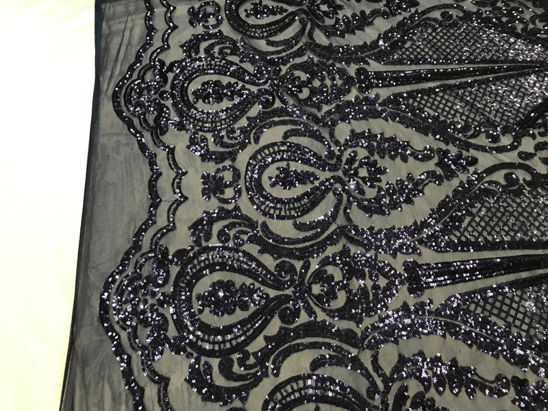 Sequins Navy Lace Fabric, DAMASK Design Embroidered on Mesh 4 way Stretch Sequin By The Yard -Prom-Gown ( Choose The Size )
