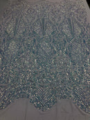 Sequins Iridescent Clear Lace Fabric, DAMASK Design Embroidered on Mesh 4 way Stretch Sequin By The Yard -Prom-Gown ( Choose The Size )