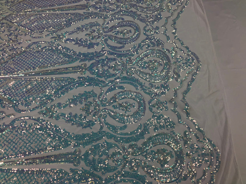Sequins Iridescent Clear Lace Fabric, DAMASK Design Embroidered on Mesh 4 way Stretch Sequin By The Yard -Prom-Gown ( Choose The Size )