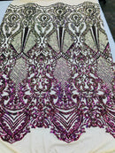 Sequins Iridescent Purple Lace Fabric, DAMASK Design Embroidered on Mesh 4 way Stretch Sequin By The Yard -Prom-Gown ( Choose The Size )
