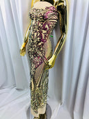 Sequins Iridescent Purple Lace Fabric, DAMASK Design Embroidered on Mesh 4 way Stretch Sequin By The Yard -Prom-Gown ( Choose The Size )