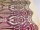 Sequins Iridescent Purple Lace Fabric, DAMASK Design Embroidered on Mesh 4 way Stretch Sequin By The Yard -Prom-Gown ( Choose The Size )