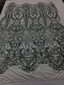 Sequins Silver Lace Fabric, DAMASK Design Embroidered on Mesh 4 way Stretch Sequin By The Yard -Prom-Gown ( Choose The Size )