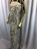 Sequins Silver Lace Fabric, DAMASK Design Embroidered on Mesh 4 way Stretch Sequin By The Yard -Prom-Gown ( Choose The Size )