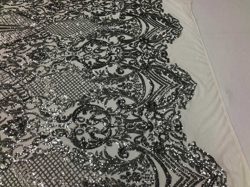 Sequins Silver Lace Fabric, DAMASK Design Embroidered on Mesh 4 way Stretch Sequin By The Yard -Prom-Gown ( Choose The Size )