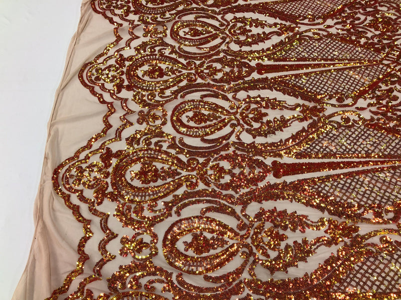 Sequins Iridescent Orange Lace Fabric, DAMASK Design Embroidered on Mesh 4 way Stretch Sequin By The Yard -Prom-Gown ( Choose The Size )