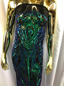 Sequins Iridescent Green Lace Fabric, DAMASK Design Embroidered on Mesh 4 way Stretch Sequin By The Yard -Prom-Gown ( Choose The Size )