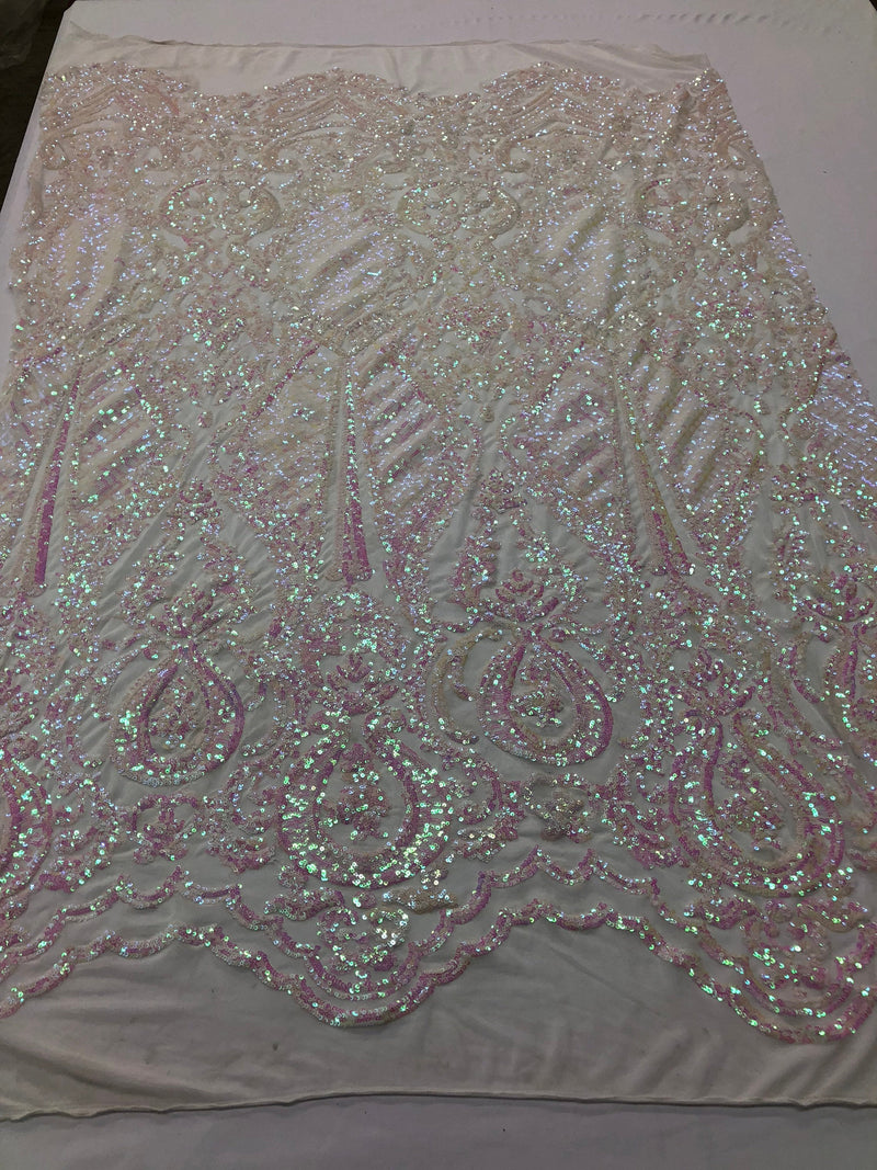 Sequins Iridescent Pink Lace Fabric, DAMASK Design Embroidered on Mesh 4 way Stretch Sequin By The Yard -Prom-Gown ( Choose The Size )