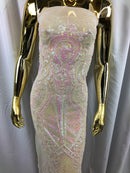 Sequins Iridescent Pink Lace Fabric, DAMASK Design Embroidered on Mesh 4 way Stretch Sequin By The Yard -Prom-Gown ( Choose The Size )
