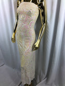 Sequins Iridescent Pink Lace Fabric, DAMASK Design Embroidered on Mesh 4 way Stretch Sequin By The Yard -Prom-Gown ( Choose The Size )