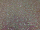 Sequins Iridescent Pink Lace Fabric, DAMASK Design Embroidered on Mesh 4 way Stretch Sequin By The Yard -Prom-Gown ( Choose The Size )