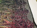 Sequins Rainbow Lace Fabric, DAMASK Design Embroidered on Mesh 4 way Stretch Sequin By The Yard -Prom-Gown ( Choose The Size )
