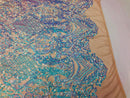 Sequins Aqua Lace Fabric, DAMASK Design Embroidered on Mesh 4 way Stretch Sequin By The Yard -Prom-Gown ( Choose The Size )