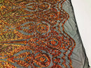 Sequins Orange Lace Fabric, DAMASK Design Embroidered on Mesh 4 way Stretch Sequin By The Yard -Prom-Gown ( Choose The Size )