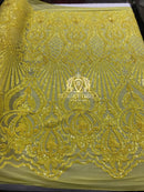 Yellow Sequin Damask Design - 4 Way Stretch Sequin Fabric Spandex Mesh-Prom-Gown By The Yard