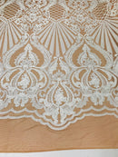 White Sequin, Skin Mesh Damask Design - 4 Way Stretch Sequin Fabric Spandex Mesh-Prom-Gown By The Yard