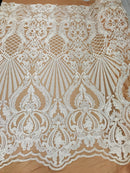 White Sequin, Skin Mesh Damask Design - 4 Way Stretch Sequin Fabric Spandex Mesh-Prom-Gown By The Yard