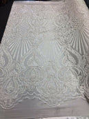 White Sequin Damask Design - 4 Way Stretch Sequin Fabric Spandex Mesh-Prom-Gown By The Yard