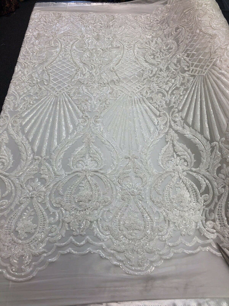 White Sequin Damask Design - 4 Way Stretch Sequin Fabric Spandex Mesh-Prom-Gown By The Yard