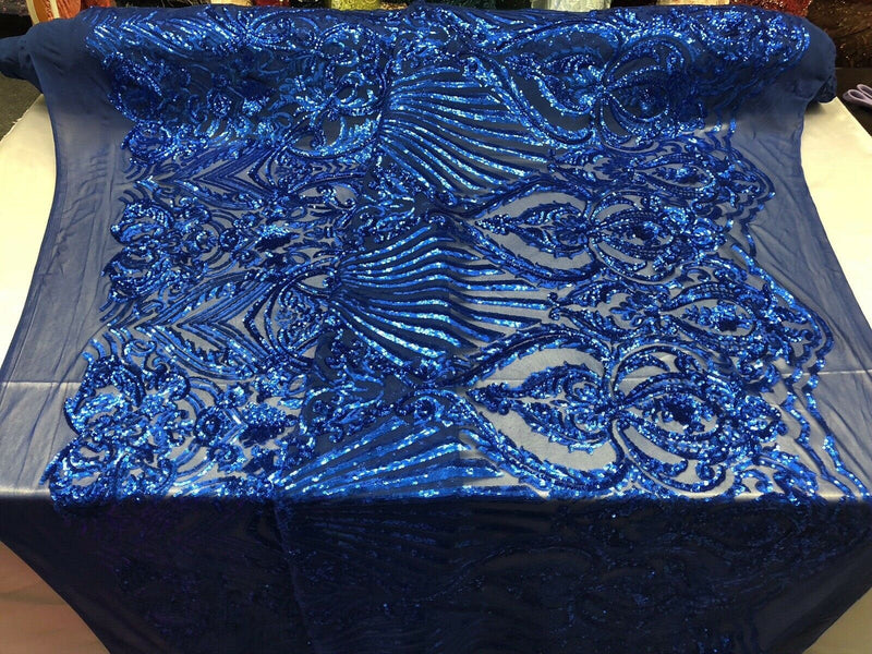 Royal Blue Sequin, Damask Design - 4 Way Stretch Sequin Fabric Spandex Mesh-Prom-Gown By The Yard