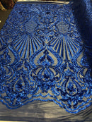 Royal Blue Sequin, Damask Design - 4 Way Stretch Sequin Fabric Spandex Mesh-Prom-Gown By The Yard