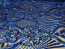 Royal Blue Sequin, Damask Design - 4 Way Stretch Sequin Fabric Spandex Mesh-Prom-Gown By The Yard