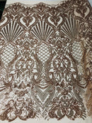Rose Gold Sequin, Damask Design - 4 Way Stretch Sequin Fabric Spandex Mesh-Prom-Gown By The Yard