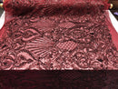 Burgundy Sequin, Damask Design - 4 Way Stretch Sequin Fabric Spandex Mesh-Prom-Gown By The Yard