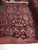 Burgundy Sequin, Damask Design - 4 Way Stretch Sequin Fabric Spandex Mesh-Prom-Gown By The Yard