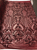 Burgundy Sequin, Damask Design - 4 Way Stretch Sequin Fabric Spandex Mesh-Prom-Gown By The Yard