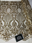 Gold Sequin Damask Design - 4 Way Stretch Sequin Fabric Spandex Mesh-Prom-Gown By The Yard