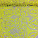 Yellow Sequin, Nude Mesh Damask Design - 4 Way Stretch Sequin Fabric Spandex Mesh-Prom-Gown By The Yard