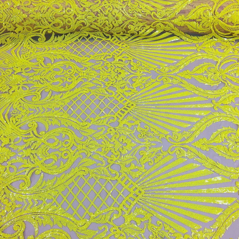 Yellow Sequin, Nude Mesh Damask Design - 4 Way Stretch Sequin Fabric Spandex Mesh-Prom-Gown By The Yard