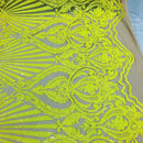 Yellow Sequin, Nude Mesh Damask Design - 4 Way Stretch Sequin Fabric Spandex Mesh-Prom-Gown By The Yard