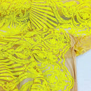 Yellow Sequin, Nude Mesh Damask Design - 4 Way Stretch Sequin Fabric Spandex Mesh-Prom-Gown By The Yard