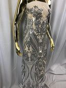 Damask Sequins - Silver - Damask Sequin Design on 4 Way Stretch Fabric By Yard