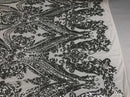 Damask Sequins - Silver - Damask Sequin Design on 4 Way Stretch Fabric By Yard
