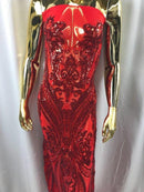 Damask Sequins - Red - Damask Sequin Design on 4 Way Stretch Fabric By Yard