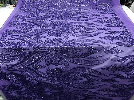 Lilac Sequin Damask Design - 4 Way Stretch Sequin Fabric Spandex Mesh-Prom-Gown By The Yard