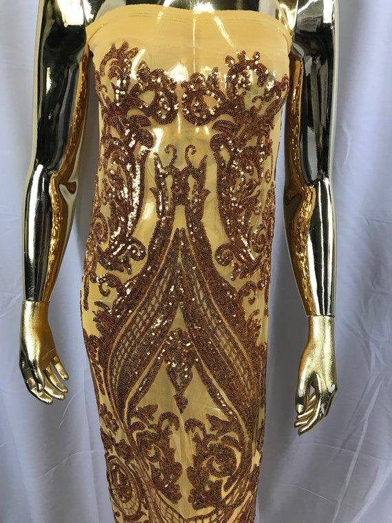 Gold Sequin Damask Design - 4 Way Stretch Sequin Fabric Spandex Mesh-Prom-Gown By The Yard