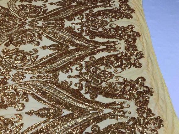 Gold Sequin Damask Design - 4 Way Stretch Sequin Fabric Spandex Mesh-Prom-Gown By The Yard
