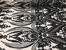 Black Sequin, Nude Mesh Damask Design - 4 Way Stretch Sequin Fabric Spandex Mesh-Prom-Gown By The Yard