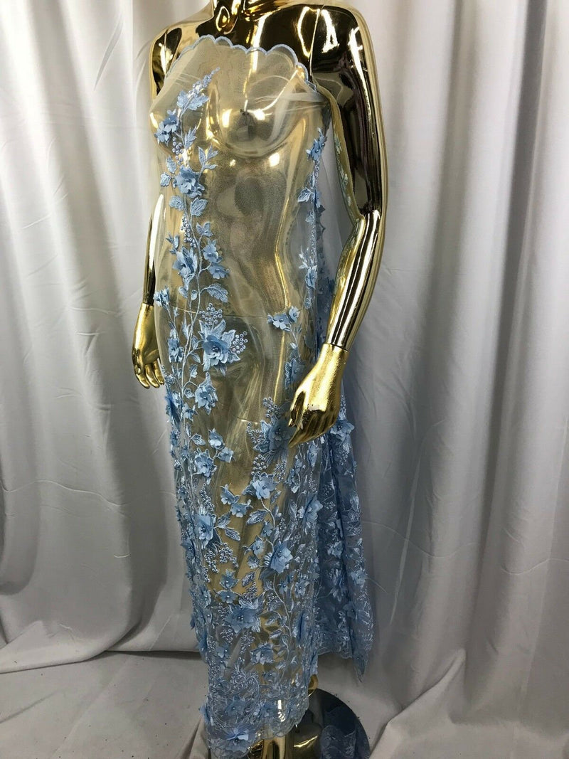 Baby Blue 3D Floral Design Embroider and Beaded With Pearls On a Mesh Lace-Prom-Dresses-Nightgown-Apparel-Fashion By The Yard