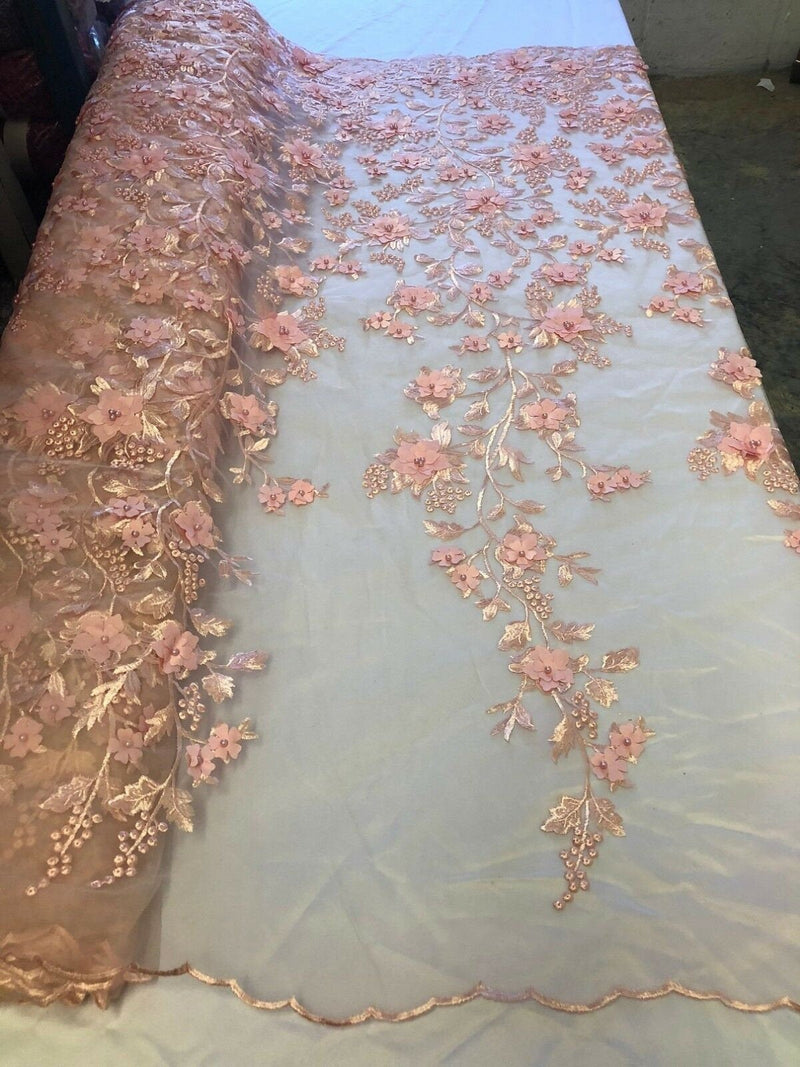 Blush 3D Floral Design Embroider and Beaded With Pearls On a Mesh Lace-Prom-Dresses-Nightgown-Apparel-Fashion By The Yard
