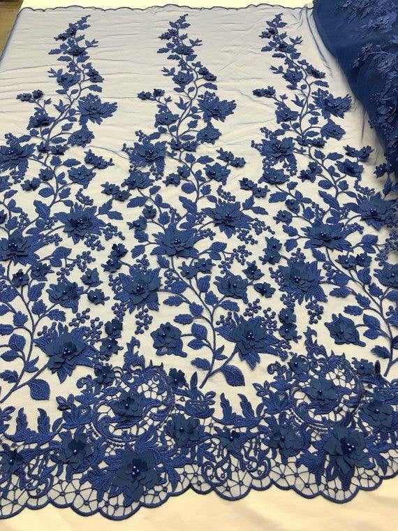Royal blue 3d floral design embroider with beads and pearls on a mesh lace-prom-nightgown-sold by yard. main image 0