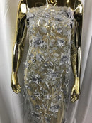 Silver Blue 3D Floral Design Embroider and Beaded With Pearls On a Mesh Lace-Prom-Dresses-Nightgown-Apparel-Fashion By The Yard